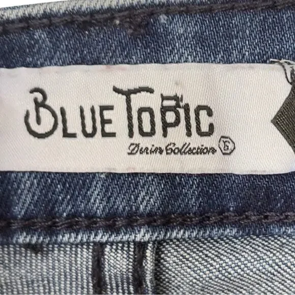 Blue Topic Rhinestone Studded Patch Distressed Denim Jeans Y2K Style - Size 9/10 - Picture 8 of 16
